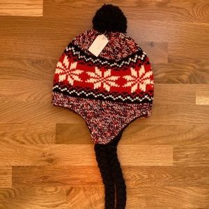 LADIES' EARFLAP BEANIE / SNOWFLAKE DESIGN / ORANGE & BROWN / NWT / RARE & HTF